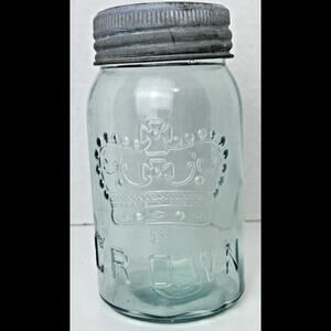 Antique CROWN Quart Aqua Blue Glass Canning Jar Zinc Ring Glass Lid Complete